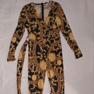 Black & Gold Baroque Wrap Jumpsuit